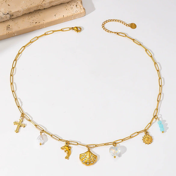 Stainless Steel Heart Shape Dolphin Pendant O Chain Necklace With Goldplated Electroplating For Women