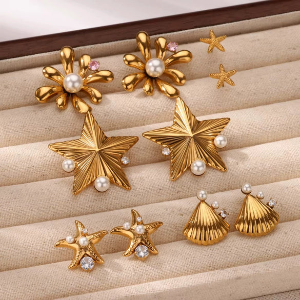 Stainless Steel Heart Shape Electroplated Women's Earrings With Imitation Pearl And Zircon Starfish Shell Design