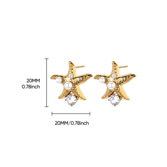 Stainless Steel Heart Shape Electroplated Women's Earrings With Imitation Pearl And Zircon Starfish Shell Design