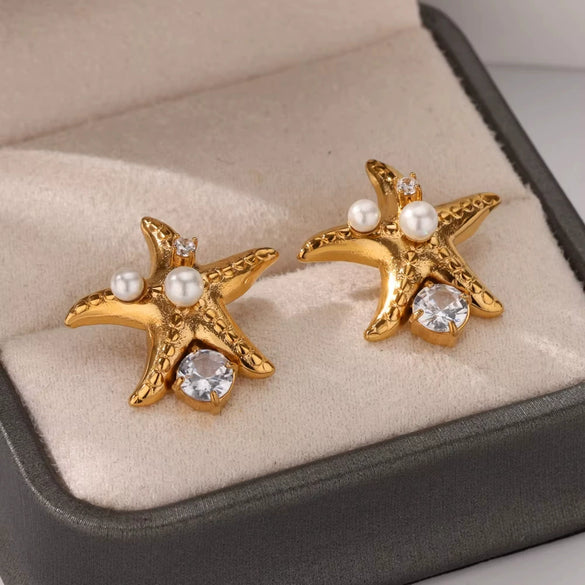 Stainless Steel Heart Shape Electroplated Women's Earrings With Imitation Pearl And Zircon Starfish Shell Design
