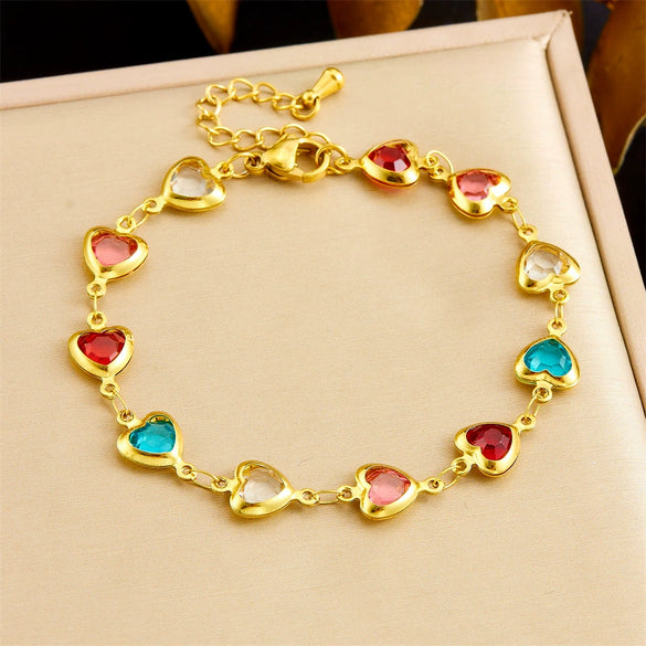 Stainless Steel Heart Shape Faceted Colored Glass Rhinestone Jewelry Bracelet With Electroplating