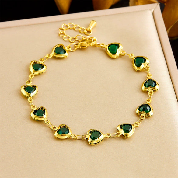 Stainless Steel Heart Shape Faceted Colored Glass Rhinestone Jewelry Bracelet With Electroplating