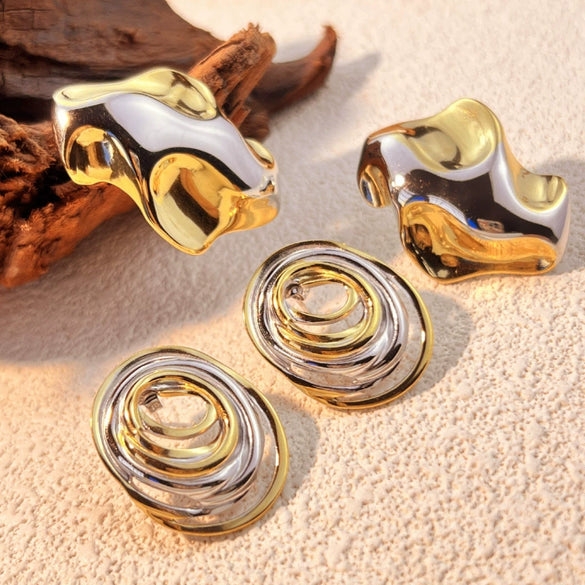 Stainless Steel Heart Shape Geometric Style 18K Gold Plated Tassel Circle Water Drop Earrings For Couple