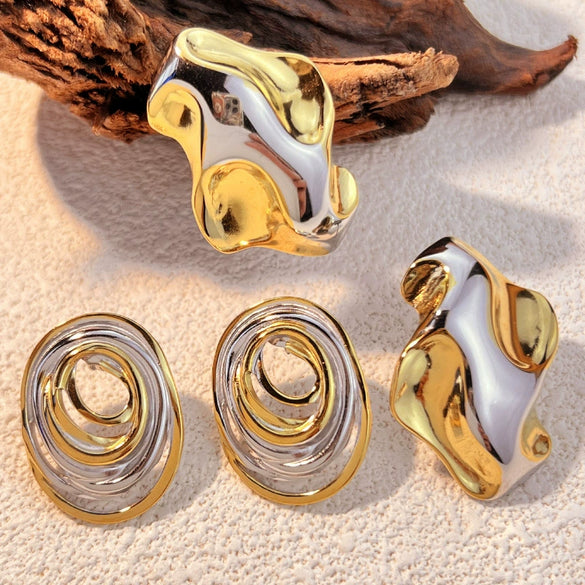 Stainless Steel Heart Shape Geometric Style 18K Gold Plated Tassel Circle Water Drop Earrings For Couple