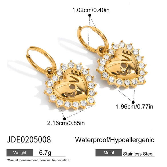 Stainless Steel Heart Shape Pendant Earrings With Electroplating And White Diamond Simple Style For Women