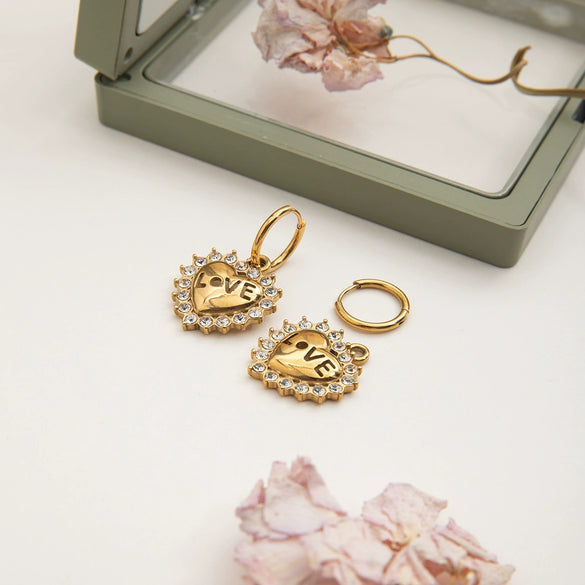 Stainless Steel Heart Shape Pendant Earrings With Electroplating And White Diamond Simple Style For Women