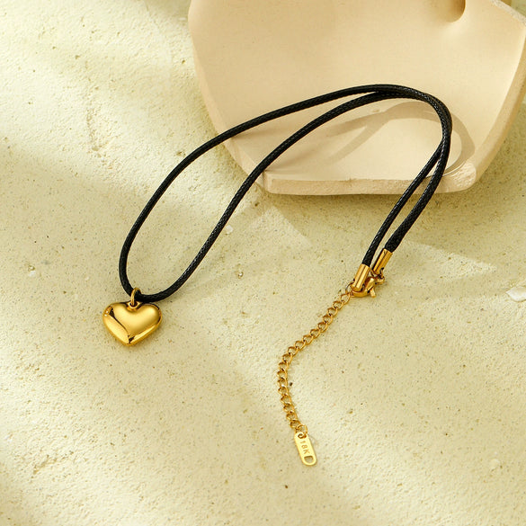 Stainless Steel Heart Shape Pendant Necklace With Black Wax Rope And Electroplating For Women