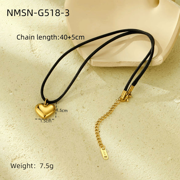 Stainless Steel Heart Shape Pendant Necklace With Black Wax Rope And Electroplating For Women