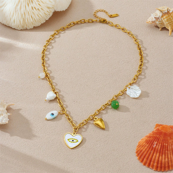 Stainless Steel Heart Shape Pendant Necklace With Oil Dripping Devil's Eye Design And Electroplating For Women