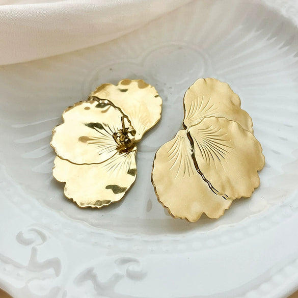 Stainless Steel Heart Shaped Ginkgo Leaf Stacked Stud Earrings For Women With Electroplating And Plant Flower Design
