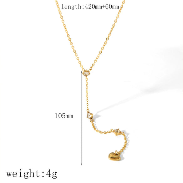 Stainless Steel Heart Shaped Inlaid White Stone Y Shaped Pendant Necklace For Women With Electroplating Treatment