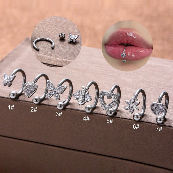 Stainless Steel Heart Shaped Micro Inlaid Zircon Butterfly Flower Bee Love Lip Ring Ear Bone Nail Cartilage Lip Piercing Jewelry With Electroplating