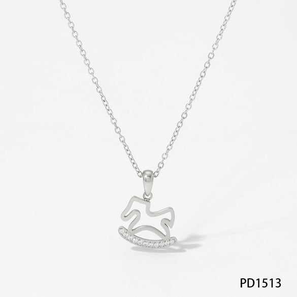 Stainless Steel Heart Shaped Pony Necklace For Women With Electroplated Carousel Design And Cross Chain