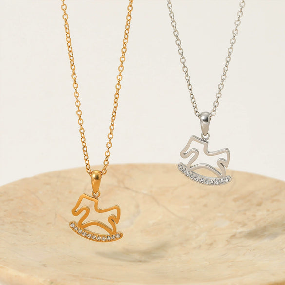 Stainless Steel Heart Shaped Pony Necklace For Women With Electroplated Carousel Design And Cross Chain