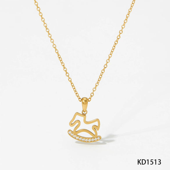 Stainless Steel Heart Shaped Pony Necklace For Women With Electroplated Carousel Design And Cross Chain