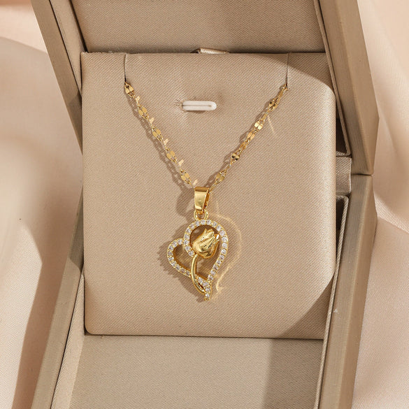 Stainless Steel Heart Shaped Simple Style Mixed Gemstone Setting Electroplating Women's Necklace