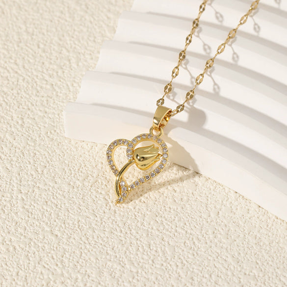 Stainless Steel Heart Shaped Simple Style Mixed Gemstone Setting Electroplating Women's Necklace