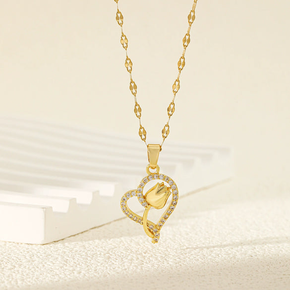 Stainless Steel Heart Shaped Simple Style Mixed Gemstone Setting Electroplating Women's Necklace