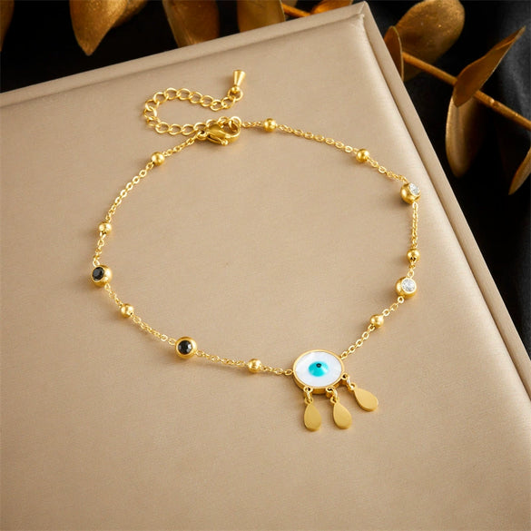 Stainless Steel Heart Shaped Tassel Chain Pearl Love Eyes Pendant Women's Fashion Anklet
