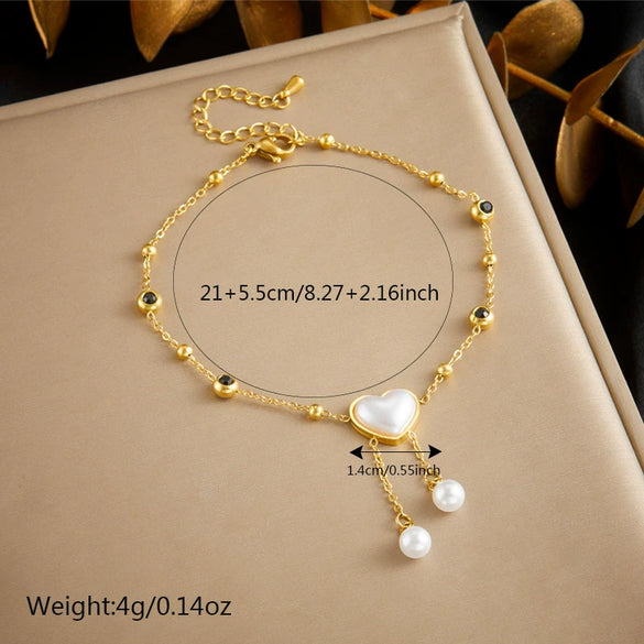 Stainless Steel Heart Shaped Tassel Chain Pearl Love Eyes Pendant Women's Fashion Anklet