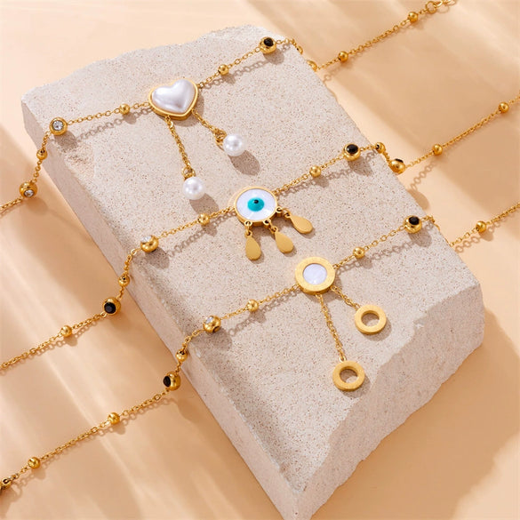 Stainless Steel Heart Shaped Tassel Chain Pearl Love Eyes Pendant Women's Fashion Anklet