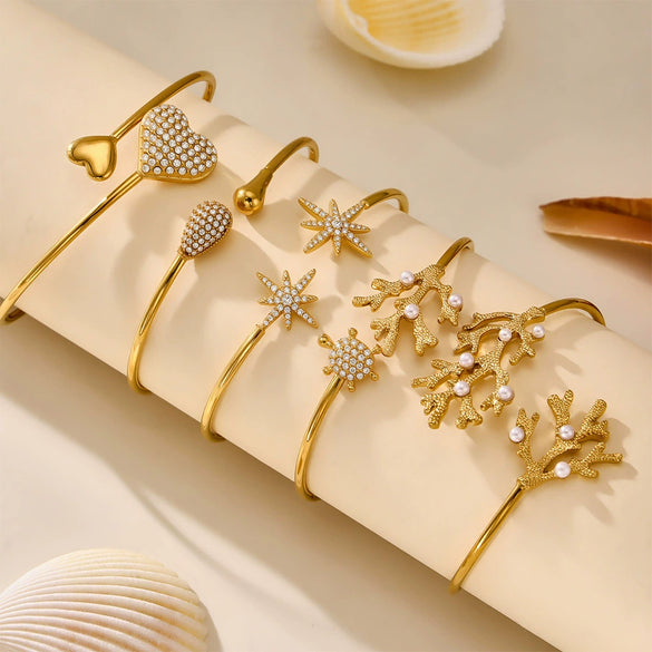 Stainless Steel Heart Star Open Bracelet Plated With 18K Real Gold And Inlaid With 5A Zircon Electroplated Jewelry