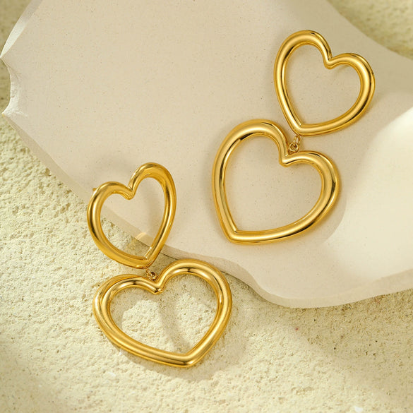 Stainless Steel Heart Tassel Pendant Earrings Plated With 18K Gold