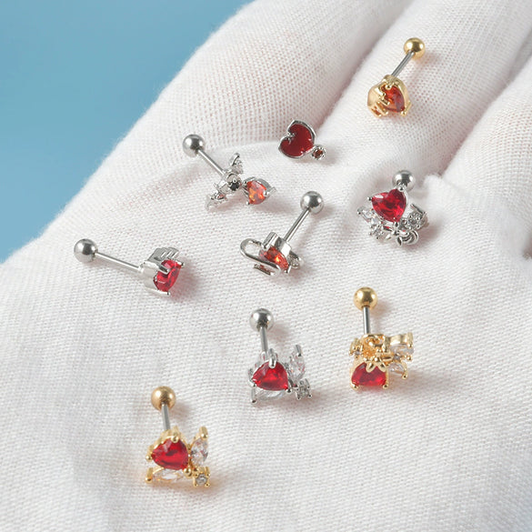 Stainless Steel Heartshaped Ear Nail With Red Diamond Bat Devil And Hanging Chain Electroplated