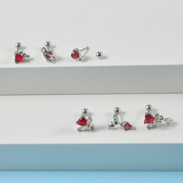Stainless Steel Heartshaped Ear Nail With Red Diamond Bat Devil And Hanging Chain Electroplated