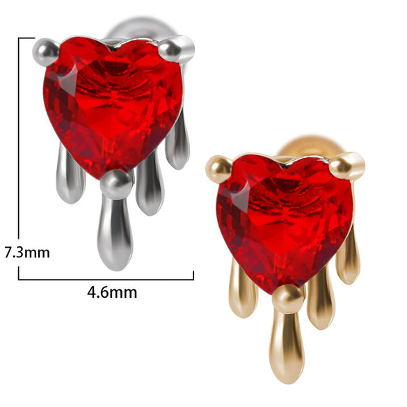 Stainless Steel Heartshaped Ear Nail With Red Diamond Bat Devil And Hanging Chain Electroplated