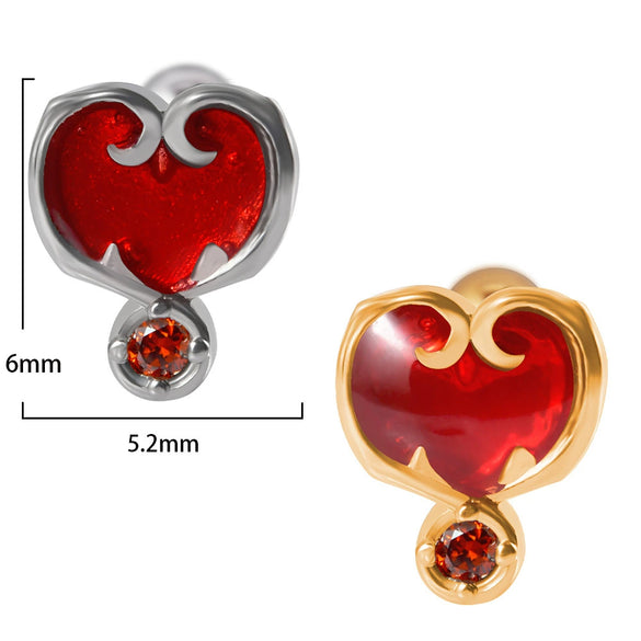 Stainless Steel Heartshaped Ear Nail With Red Diamond Bat Devil And Hanging Chain Electroplated