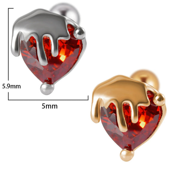 Stainless Steel Heartshaped Ear Nail With Red Diamond Bat Devil And Hanging Chain Electroplated