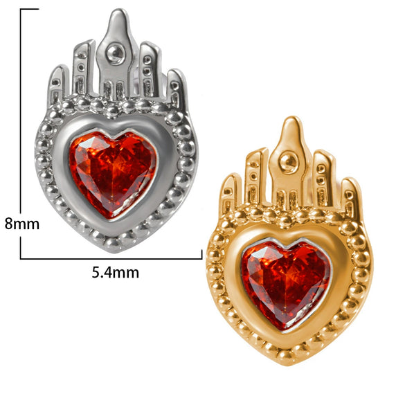 Stainless Steel Heartshaped Ear Nail With Red Diamond Bat Devil And Hanging Chain Electroplated