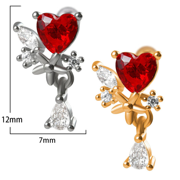Stainless Steel Heartshaped Ear Nail With Red Diamond Bat Devil And Hanging Chain Electroplated