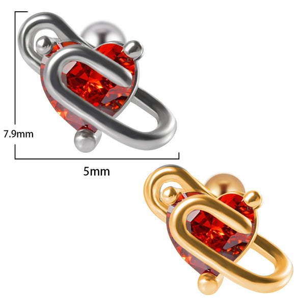 Stainless Steel Heartshaped Ear Nail With Red Diamond Bat Devil And Hanging Chain Electroplated