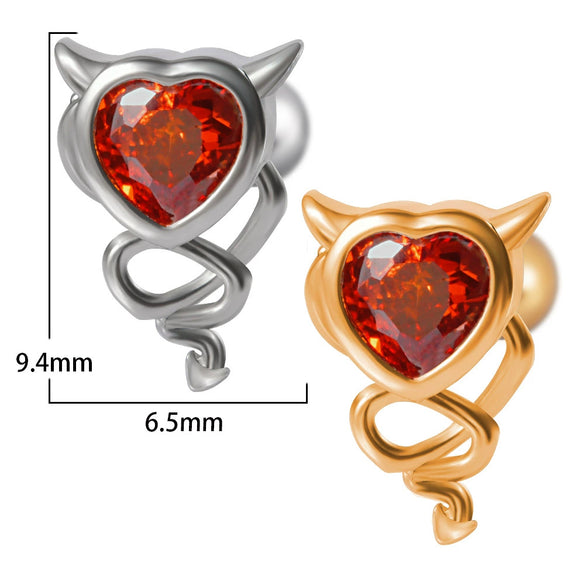 Stainless Steel Heartshaped Ear Nail With Red Diamond Bat Devil And Hanging Chain Electroplated