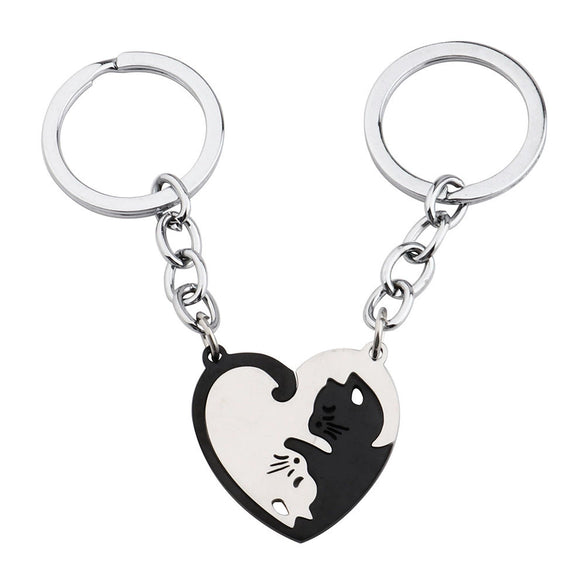 Stainless Steel Heartshaped Spliced Cat Yin And Yang Cat Pendant Couple Jewelry Necklace With Laser Engraving