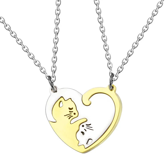 Stainless Steel Heartshaped Spliced Cat Yin And Yang Cat Pendant Couple Jewelry Necklace With Laser Engraving