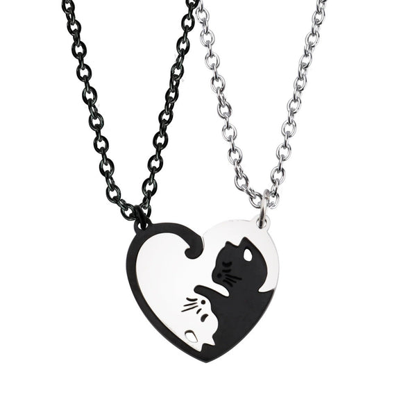 Stainless Steel Heartshaped Spliced Cat Yin And Yang Cat Pendant Couple Jewelry Necklace With Laser Engraving