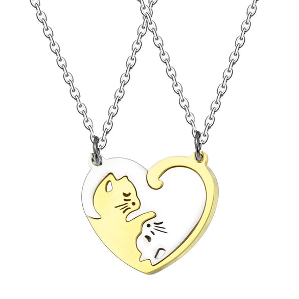 Stainless Steel Heartshaped Spliced Cat Yin And Yang Cat Pendant Couple Jewelry Necklace With Laser Engraving