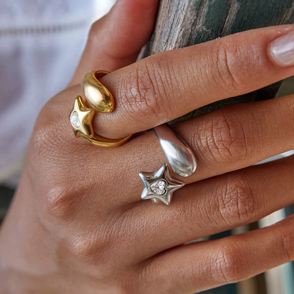 Stainless Steel Heartshaped Star Open Ring With Diamond Electroplated Unisex