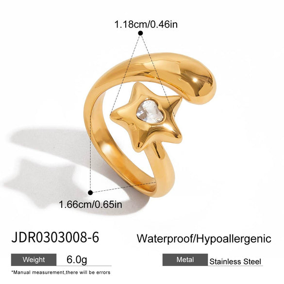 Stainless Steel Heartshaped Star Open Ring With Diamond Electroplated Unisex