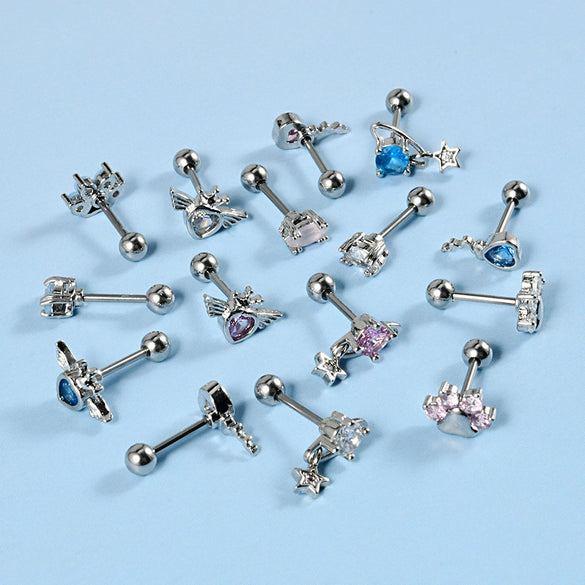 Stainless Steel Heartshaped Wings And Dog Footprints Demon Zircon Earrings With Diamond Design