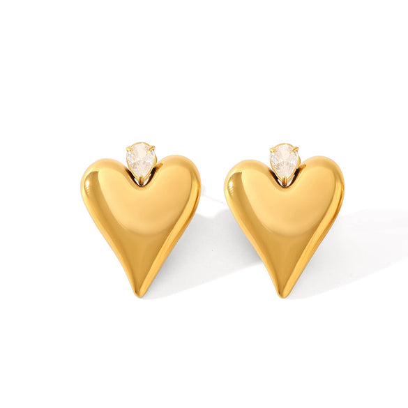 Stainless Steel Heartshaped Zircon Inlaid Earrings For Women With Pvd Vacuum Plating And Geometric Style