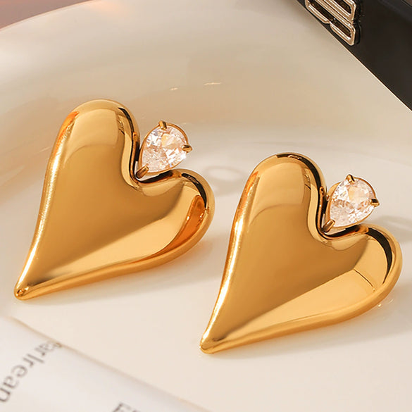 Stainless Steel Heartshaped Zircon Inlaid Earrings For Women With Pvd Vacuum Plating And Geometric Style