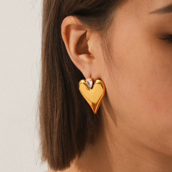 Stainless Steel Heartshaped Zircon Inlaid Earrings For Women With Pvd Vacuum Plating And Geometric Style