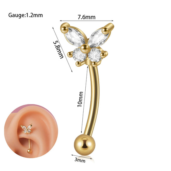 Stainless Steel Heartshaped Zircon Inlaid Flower Butterfly Ear Bone Nail Eyebrow Nail Piercing Earrings