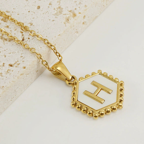 Stainless Steel Hexagonal Letter Pendant Necklace Electroplating Geometry Style For Women