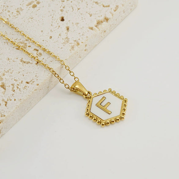 Stainless Steel Hexagonal Letter Pendant Necklace Electroplating Geometry Style For Women