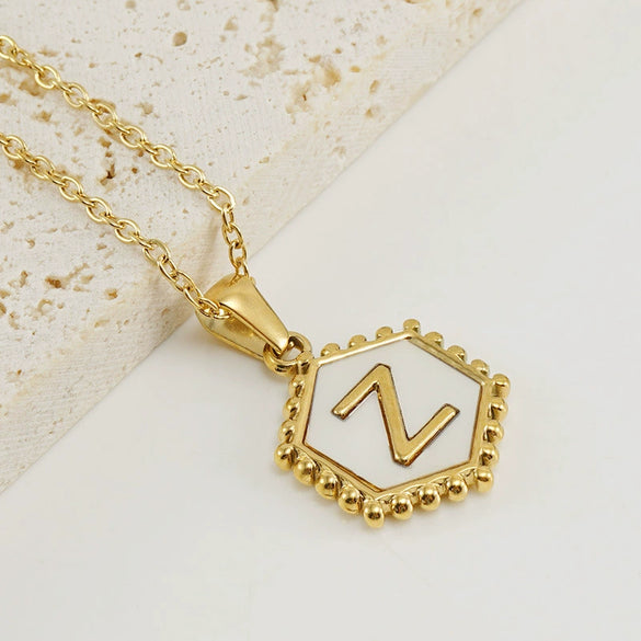 Stainless Steel Hexagonal Letter Pendant Necklace Electroplating Geometry Style For Women